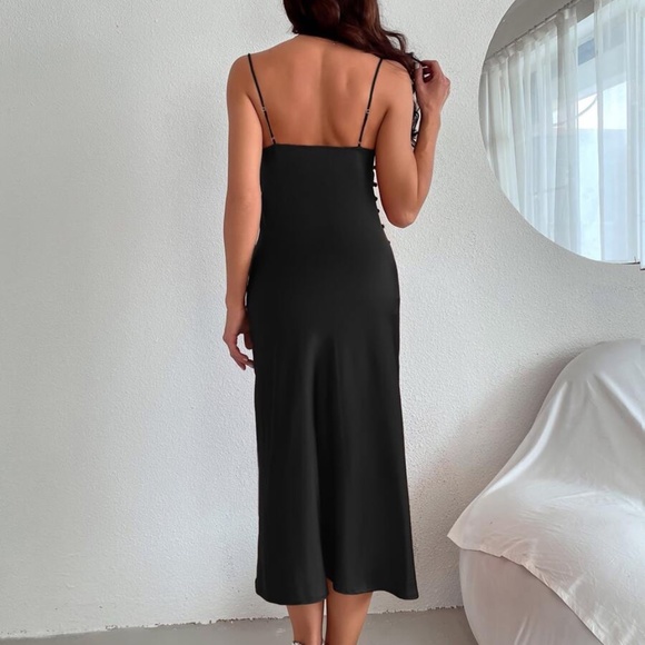 Black Bodycon Sexy Satin Cami Slit Midi Dress - Picture 2 of 4